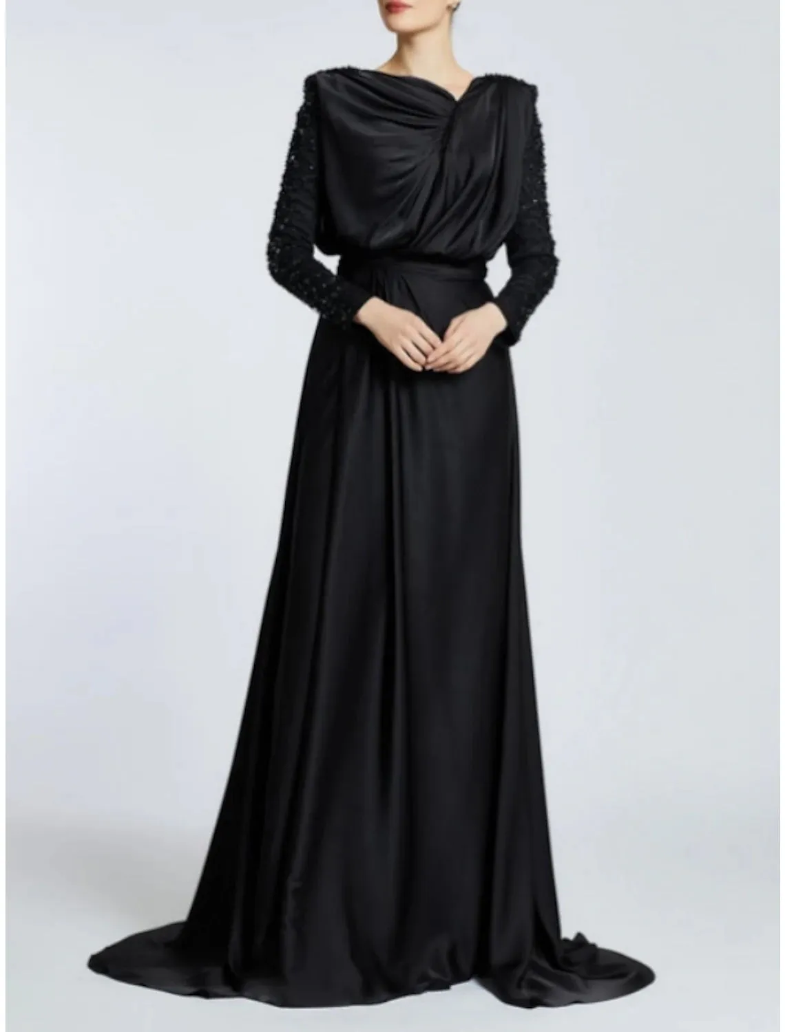 A-Line Evening Gown Black Dress Plus Size Elegant Dress Formal Sweep / Brush Train Long Sleeve Jewel Neck Satin with Pleats Sequin