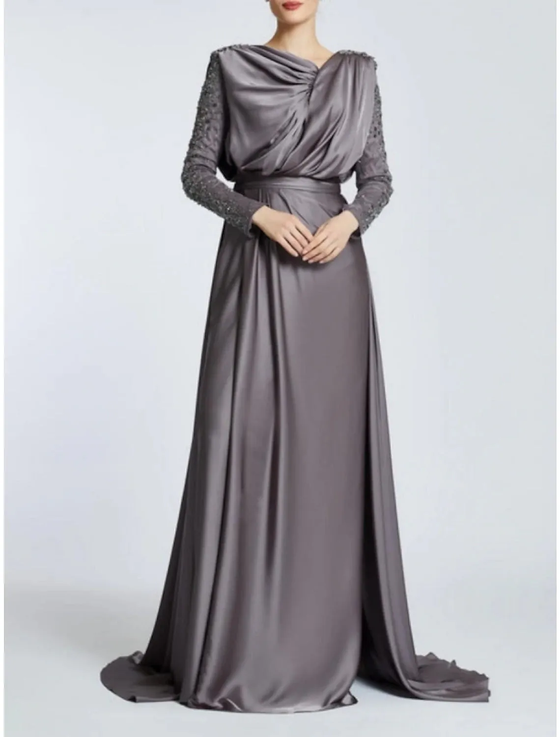 A-Line Evening Gown Black Dress Plus Size Elegant Dress Formal Sweep / Brush Train Long Sleeve Jewel Neck Satin with Pleats Sequin