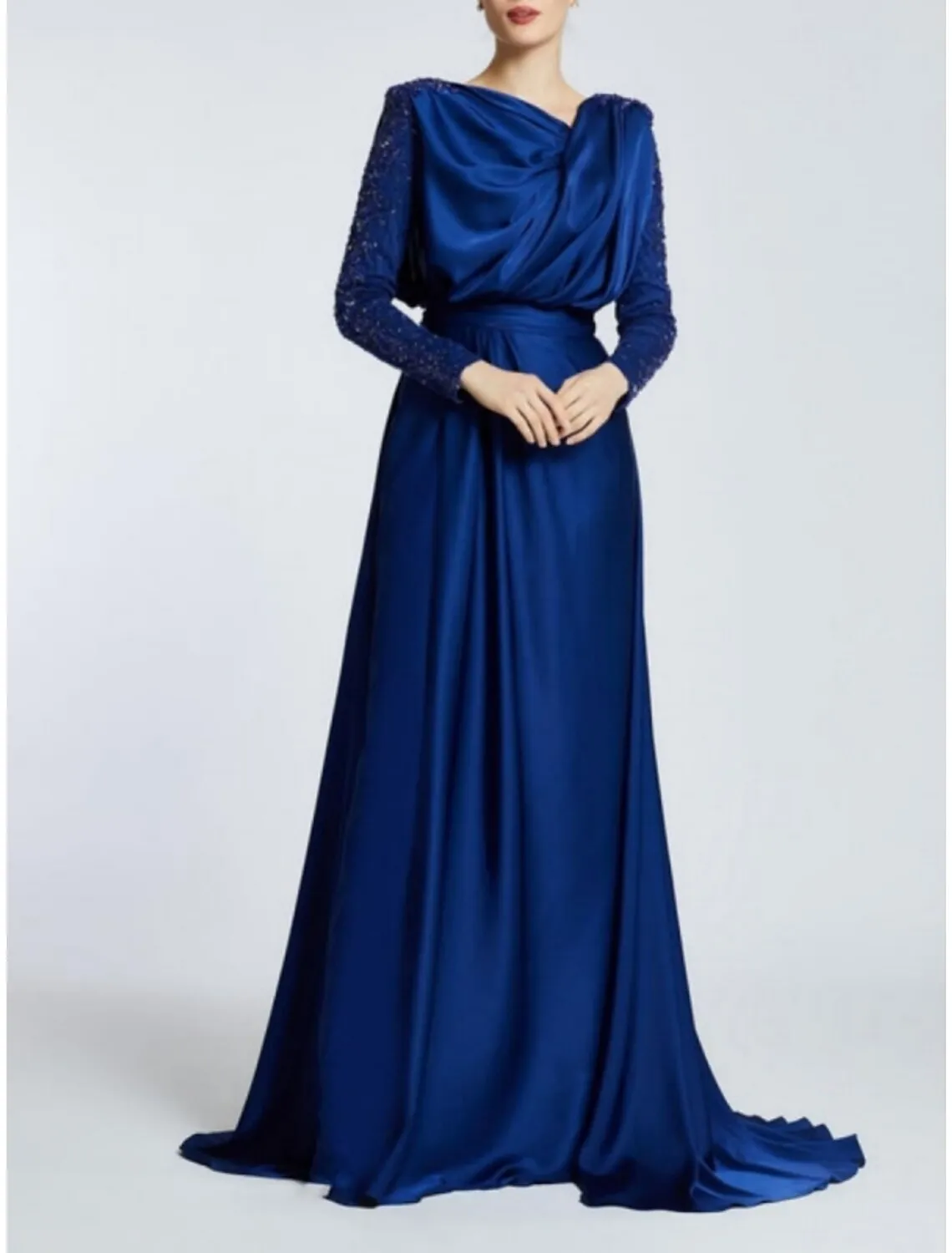 A-Line Evening Gown Black Dress Plus Size Elegant Dress Formal Sweep / Brush Train Long Sleeve Jewel Neck Satin with Pleats Sequin