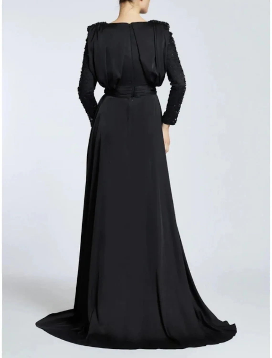 A-Line Evening Gown Black Dress Plus Size Elegant Dress Formal Sweep / Brush Train Long Sleeve Jewel Neck Satin with Pleats Sequin