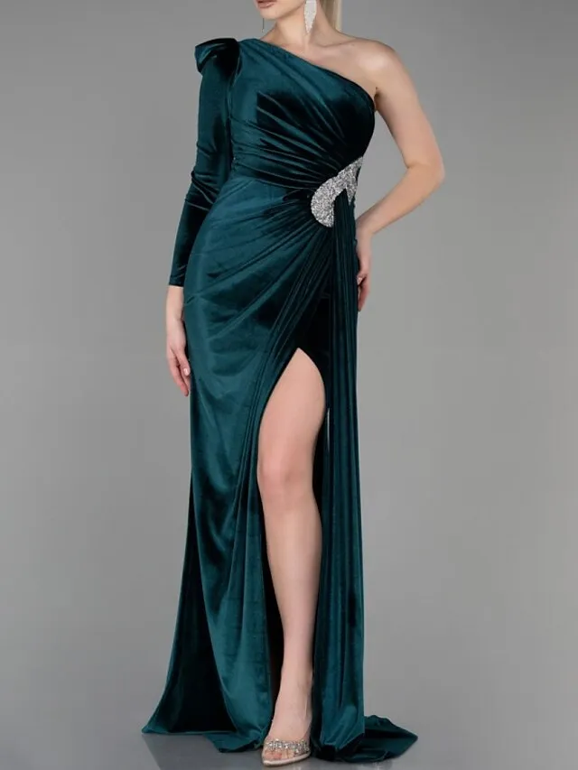 A-Line Evening Gown Christmas Elegant Dress Formal Sweep / Brush Train Long Sleeve One Shoulder Velvet with Glitter Pleats Ruched