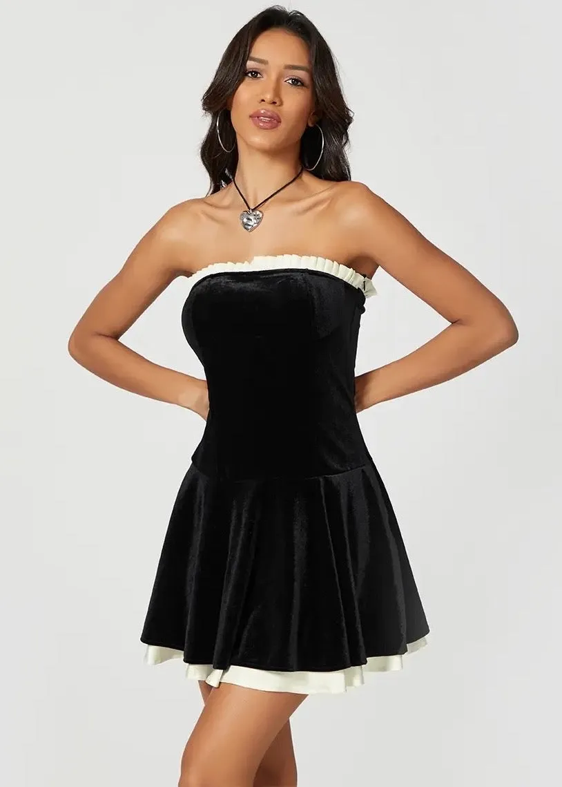 A-Line Lace-Up Back Strapless Velvet Dress