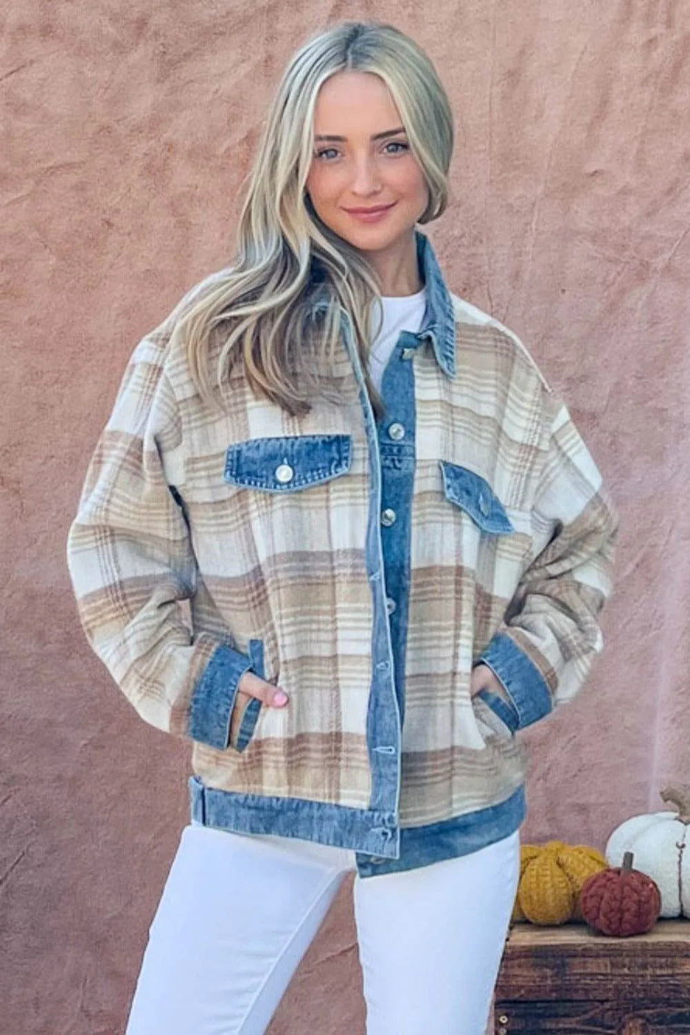 And The Why Women's Washed Denim Detail Brushed Plaid Jacket