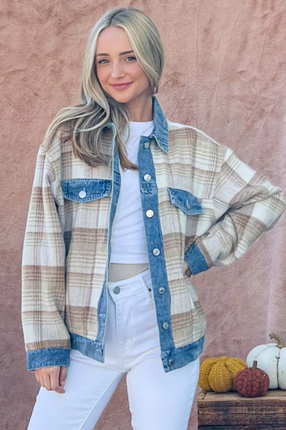 And The Why Women's Washed Denim Detail Brushed Plaid Jacket