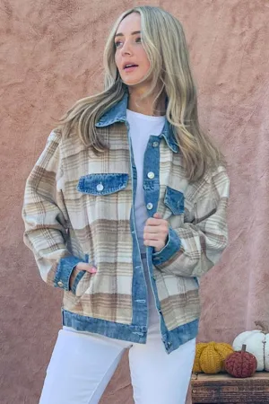 And The Why Women's Washed Denim Detail Brushed Plaid Jacket