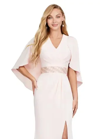 Ashley Lauren 11416 Long Prom Dress Crepe Gown Beaded Belt  Overlay Slit Formal Pageant