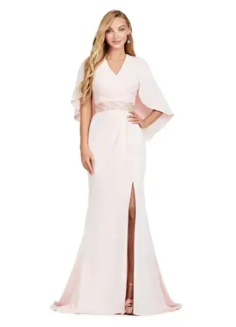 Ashley Lauren 11416 Long Prom Dress Crepe Gown Beaded Belt  Overlay Slit Formal Pageant