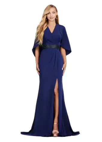 Ashley Lauren 11416 Long Prom Dress Crepe Gown Beaded Belt  Overlay Slit Formal Pageant