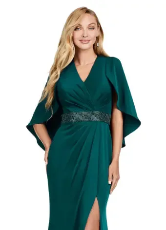 Ashley Lauren 11416 Long Prom Dress Crepe Gown Beaded Belt  Overlay Slit Formal Pageant
