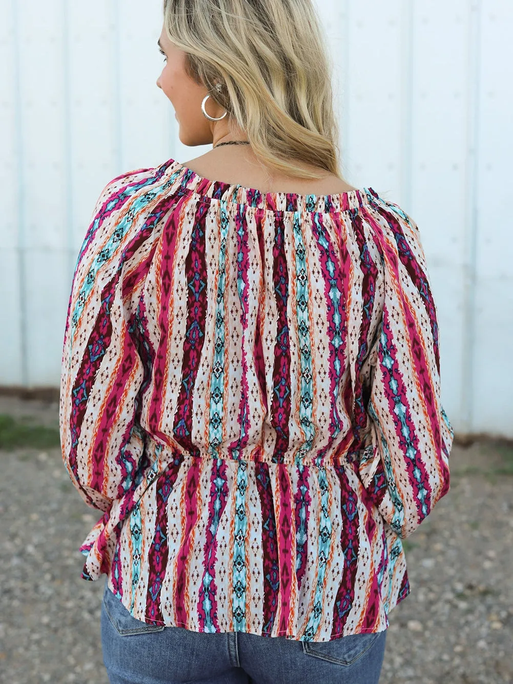Aztec Print Peplum Blouse with Split Neck