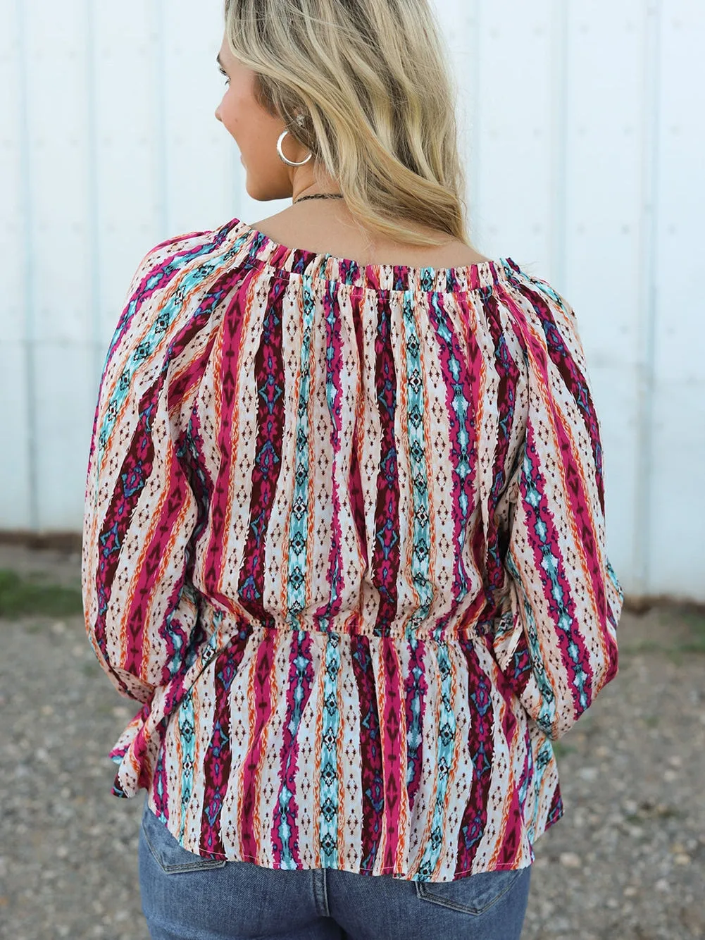 Aztec Print Peplum Blouse with Split Neck