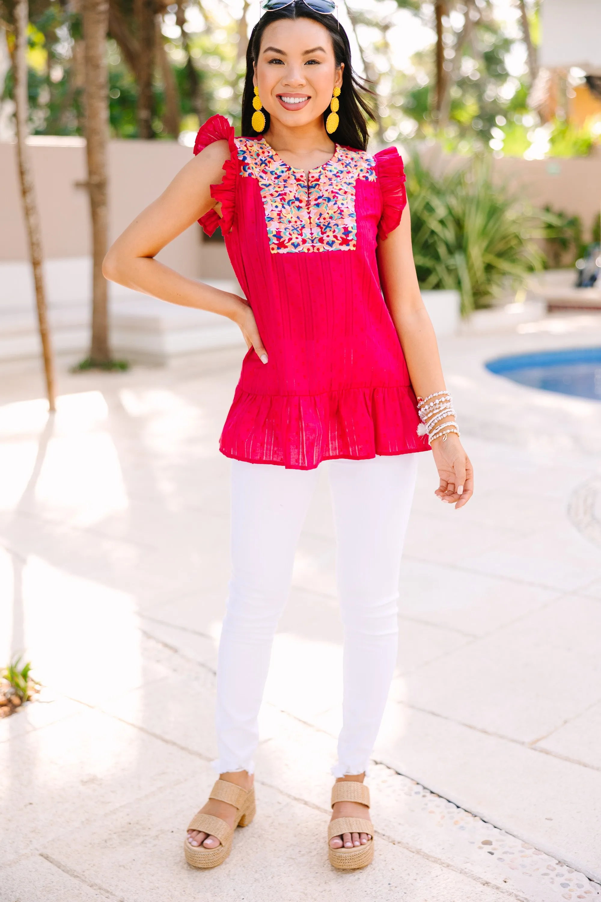 Be Seen Fuchsia Pink Embroidered Blouse