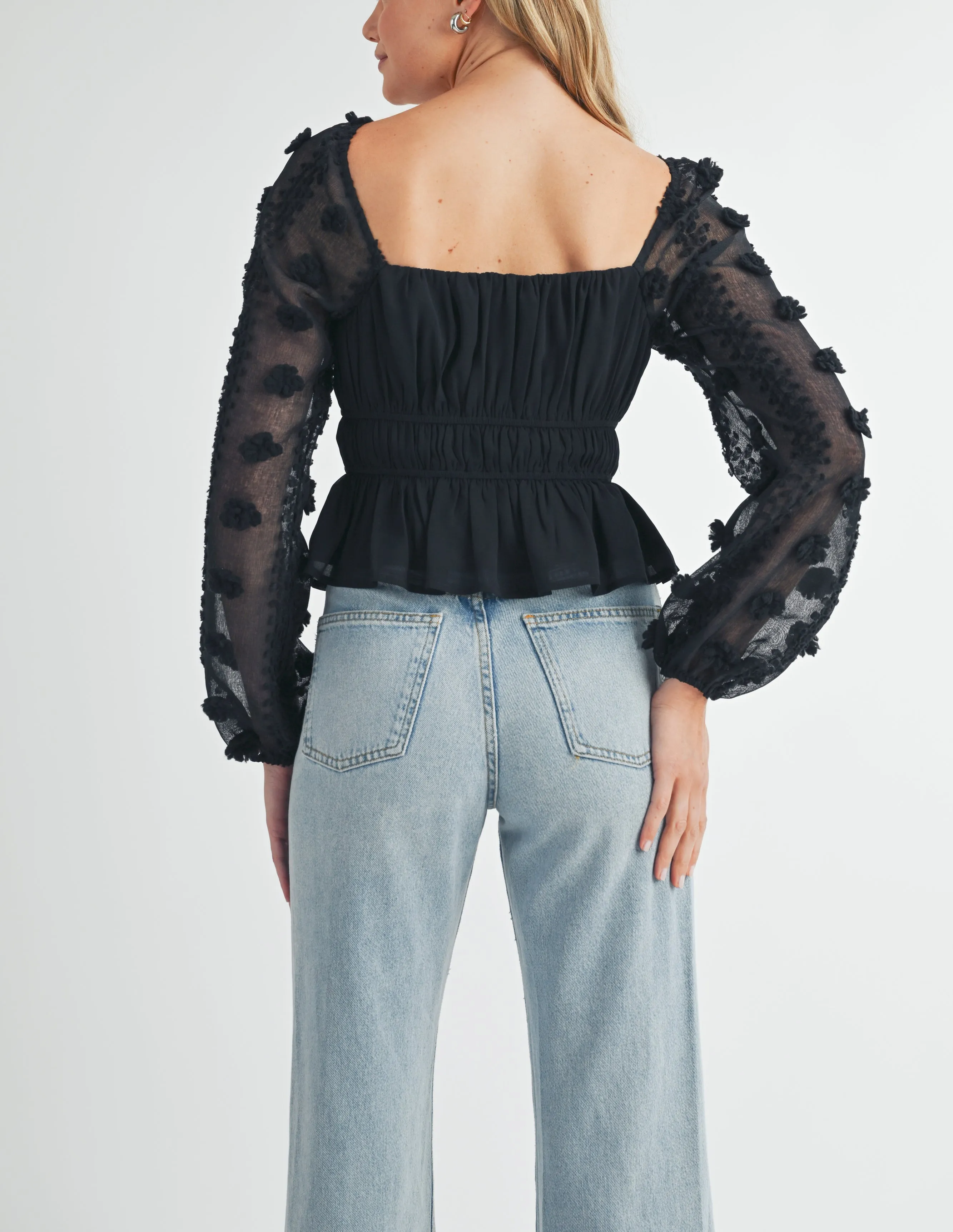 Black Pom Pom Sheer Sleeve Top