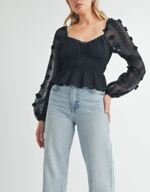 Black Pom Pom Sheer Sleeve Top