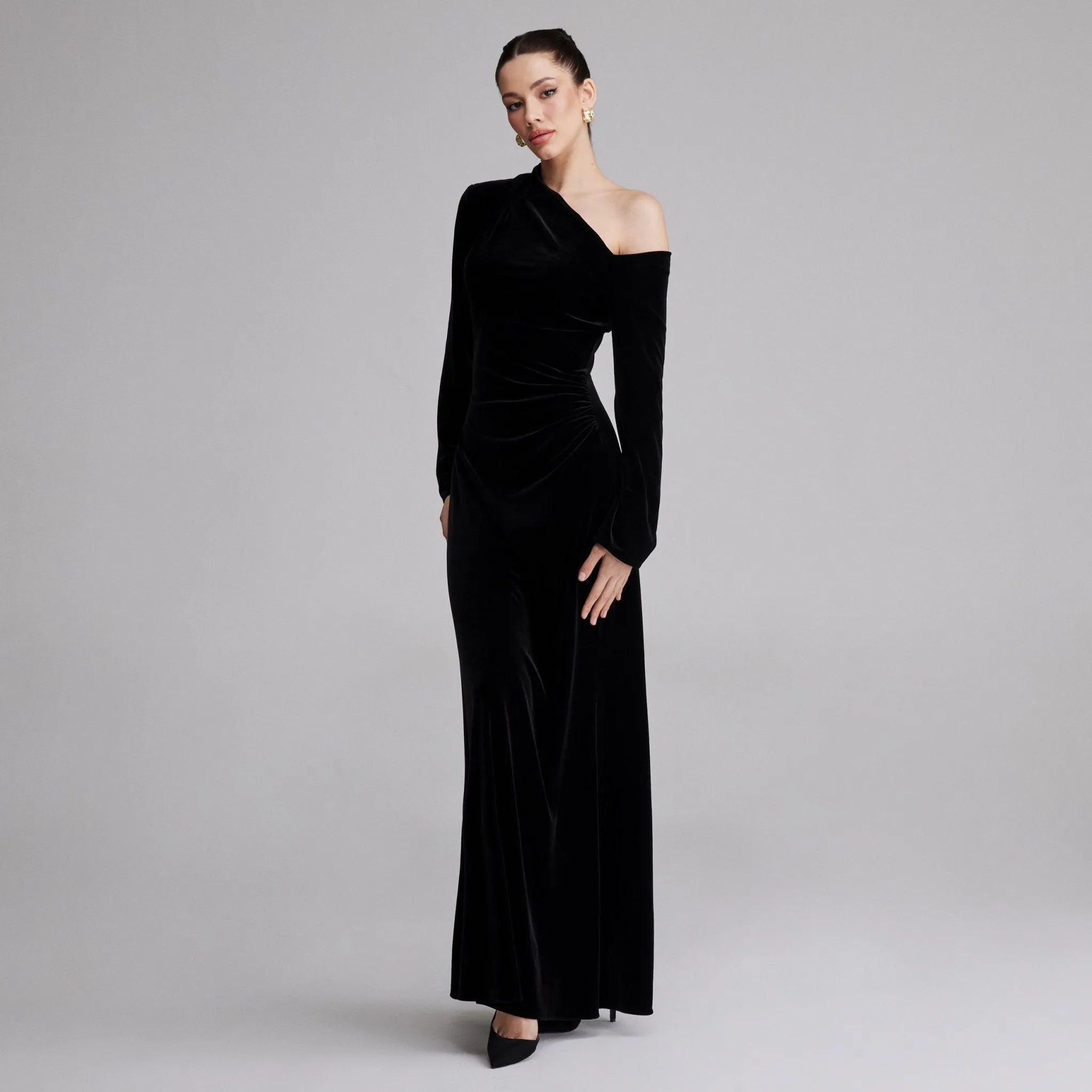 Black Velvet Bare Shoulder Maxi Dress