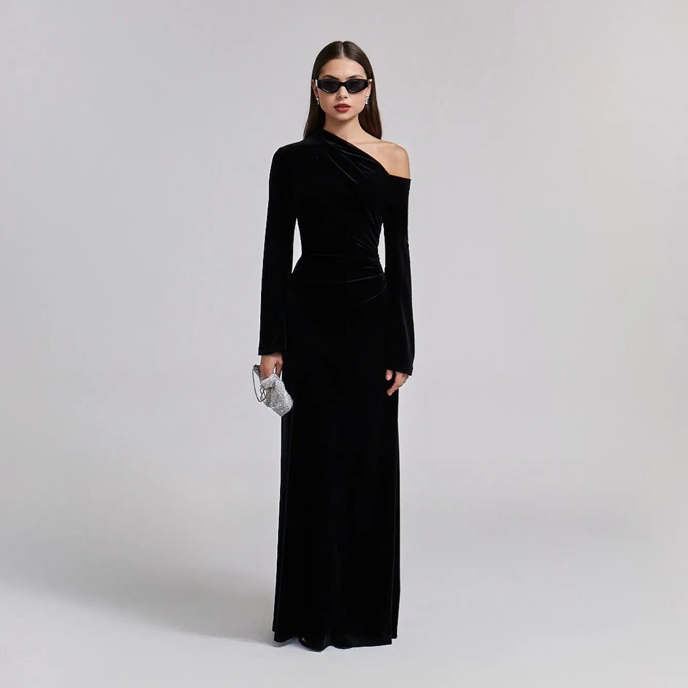 Black Velvet Bare Shoulder Maxi Dress