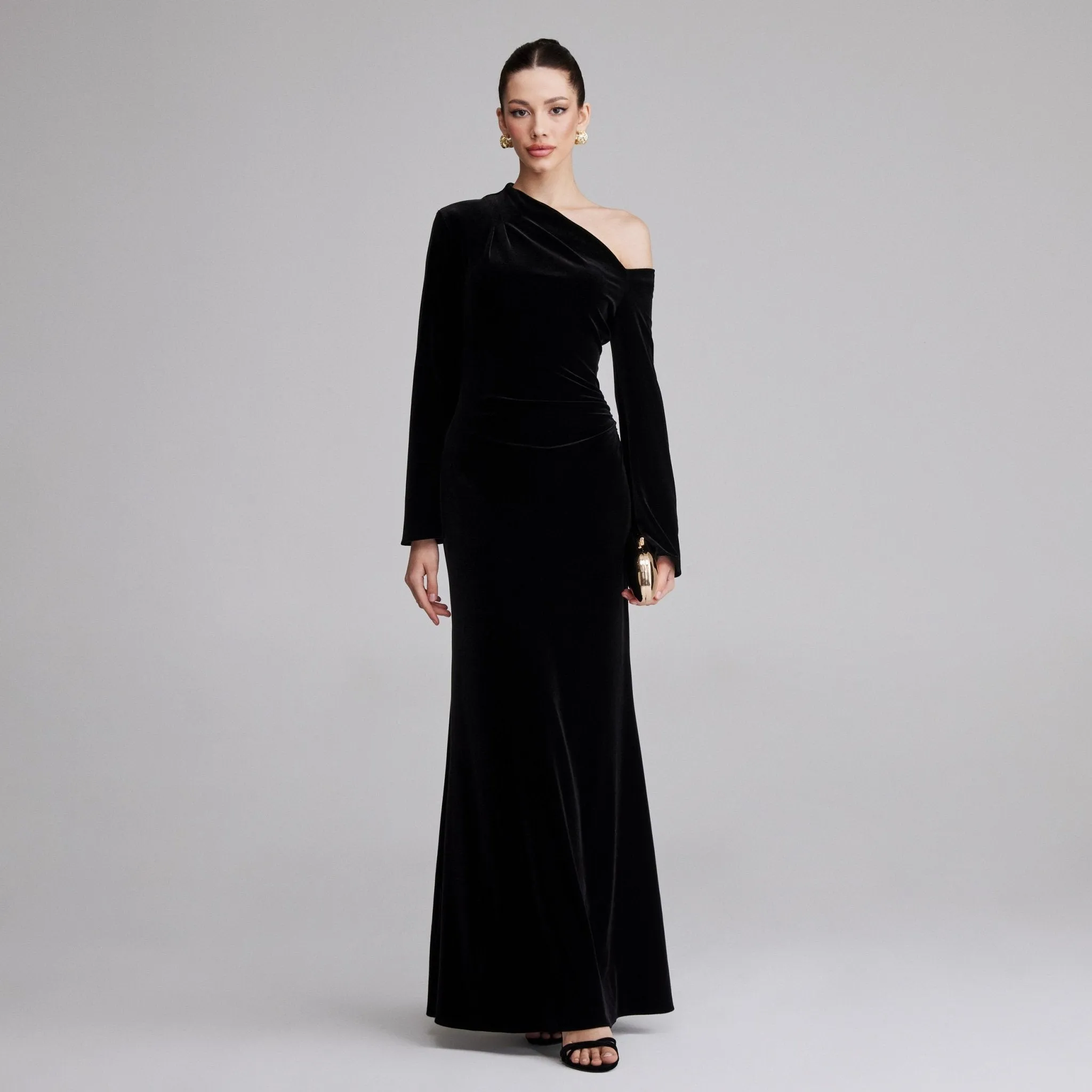 Black Velvet Bare Shoulder Maxi Dress