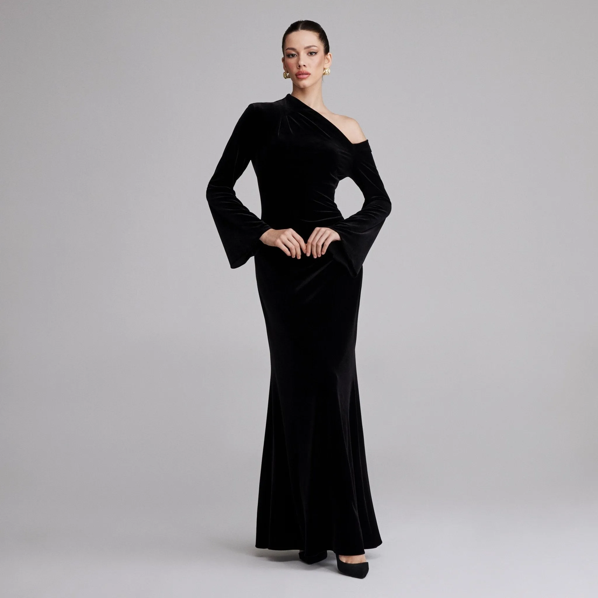 Black Velvet Bare Shoulder Maxi Dress