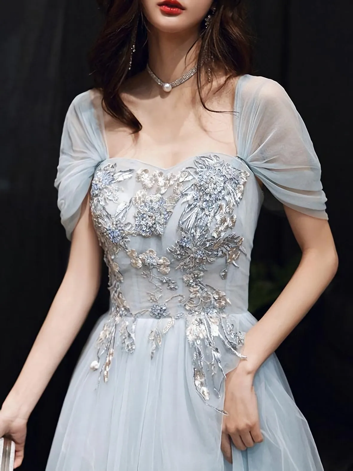 Blue Tulle Off Shoulder Tulle Lace Long Prom Dress Blue Formal Dress