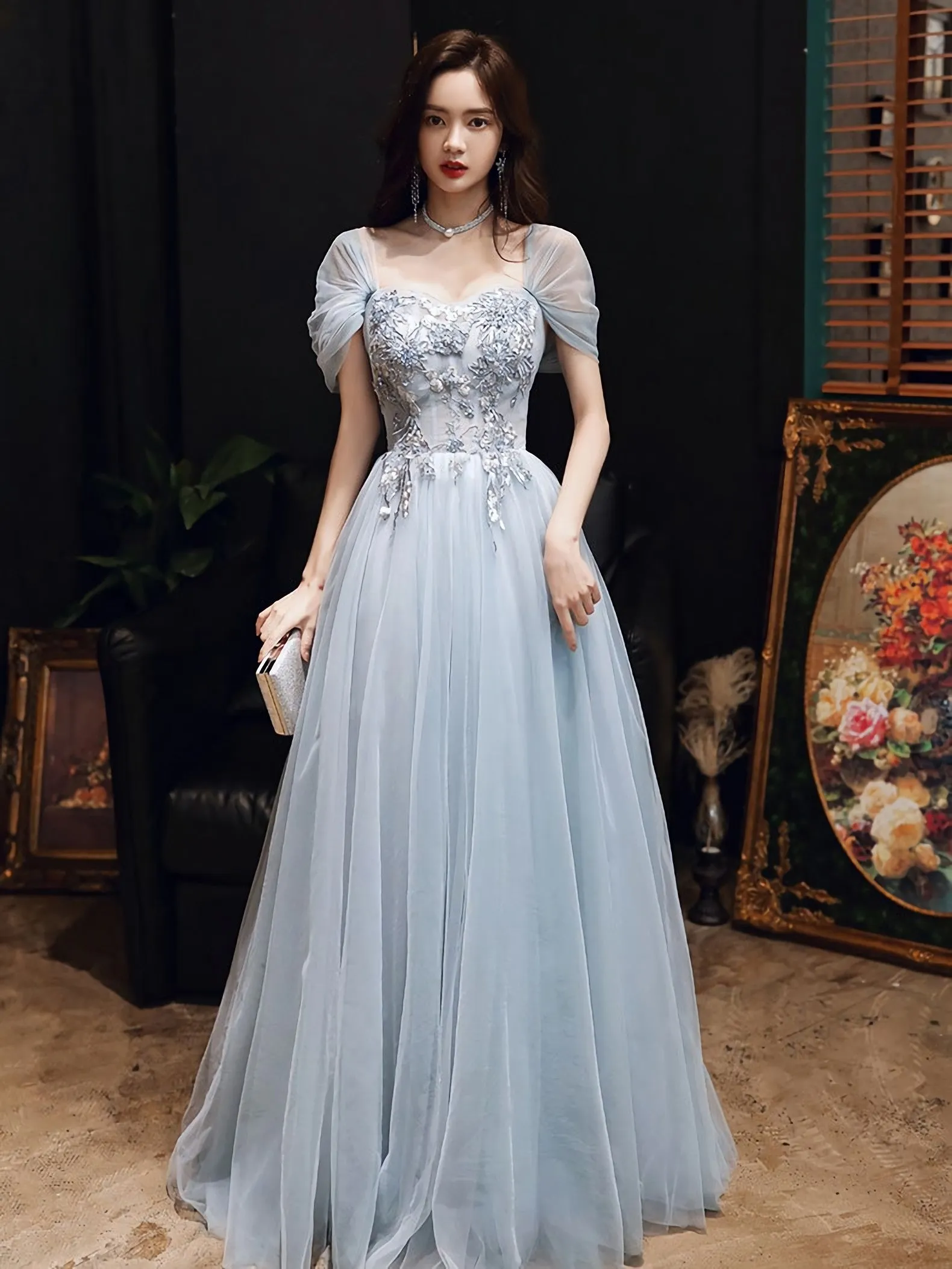 Blue Tulle Off Shoulder Tulle Lace Long Prom Dress Blue Formal Dress
