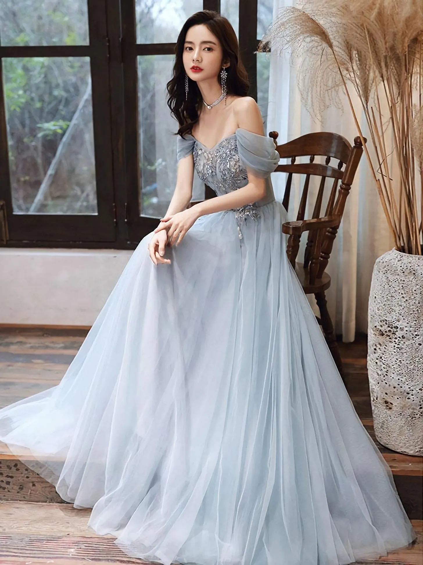 Blue Tulle Off Shoulder Tulle Lace Long Prom Dress Blue Formal Dress