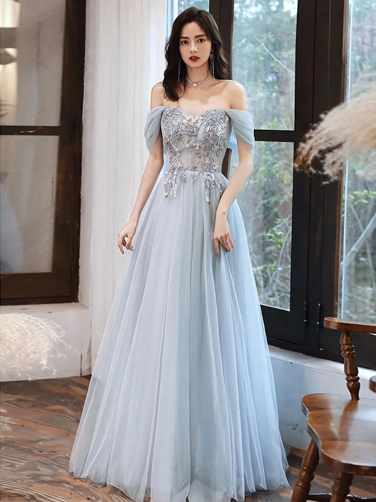 Blue Tulle Off Shoulder Tulle Lace Long Prom Dress Blue Formal Dress