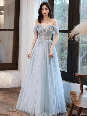 Blue Tulle Off Shoulder Tulle Lace Long Prom Dress Blue Formal Dress