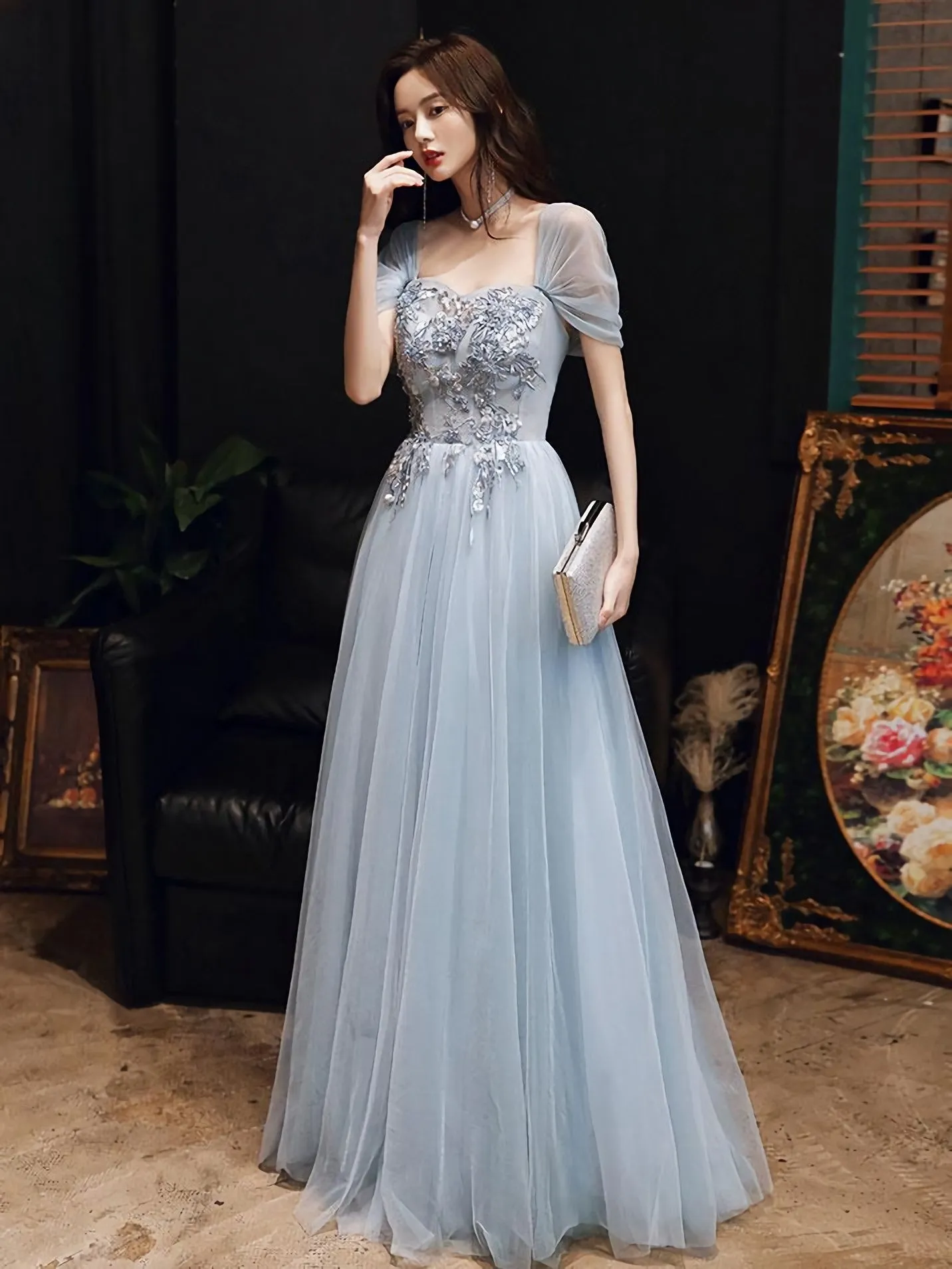 Blue Tulle Off Shoulder Tulle Lace Long Prom Dress Blue Formal Dress