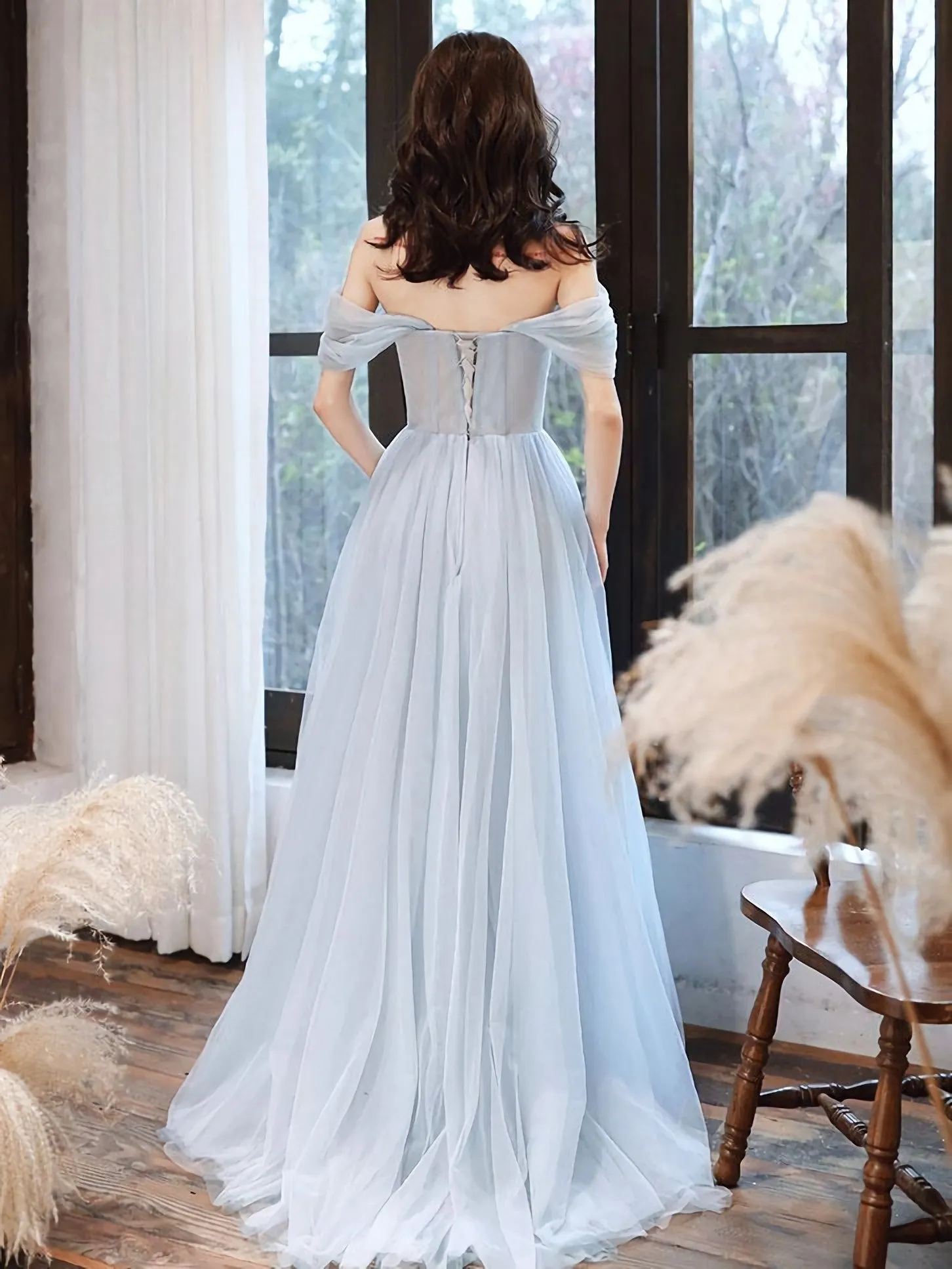 Blue Tulle Off Shoulder Tulle Lace Long Prom Dress Blue Formal Dress