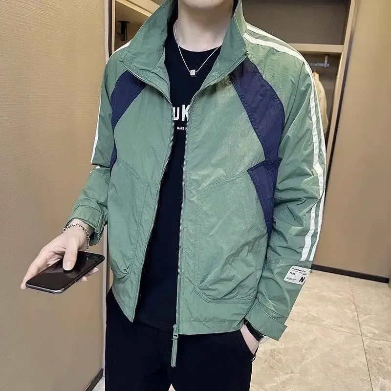 Bonsir Zip V Contrasting Colors Man Coat Splicing Spring Autumn Jacket for Men Deals Cold Trendy Cheap Offer Casual Y2k New In Clothes