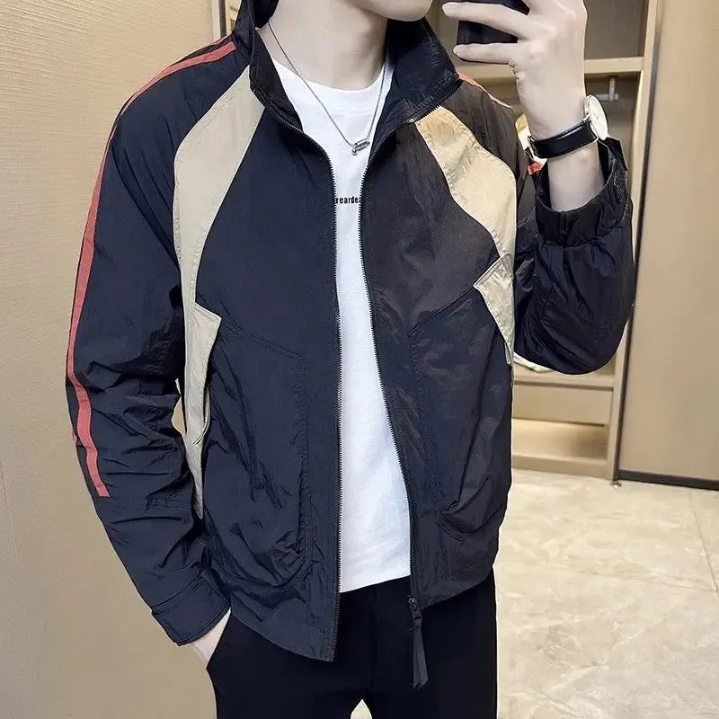 Bonsir Zip V Contrasting Colors Man Coat Splicing Spring Autumn Jacket for Men Deals Cold Trendy Cheap Offer Casual Y2k New In Clothes
