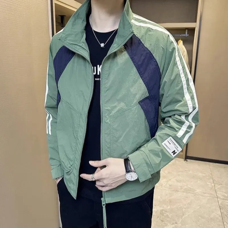 Bonsir Zip V Contrasting Colors Man Coat Splicing Spring Autumn Jacket for Men Deals Cold Trendy Cheap Offer Casual Y2k New In Clothes