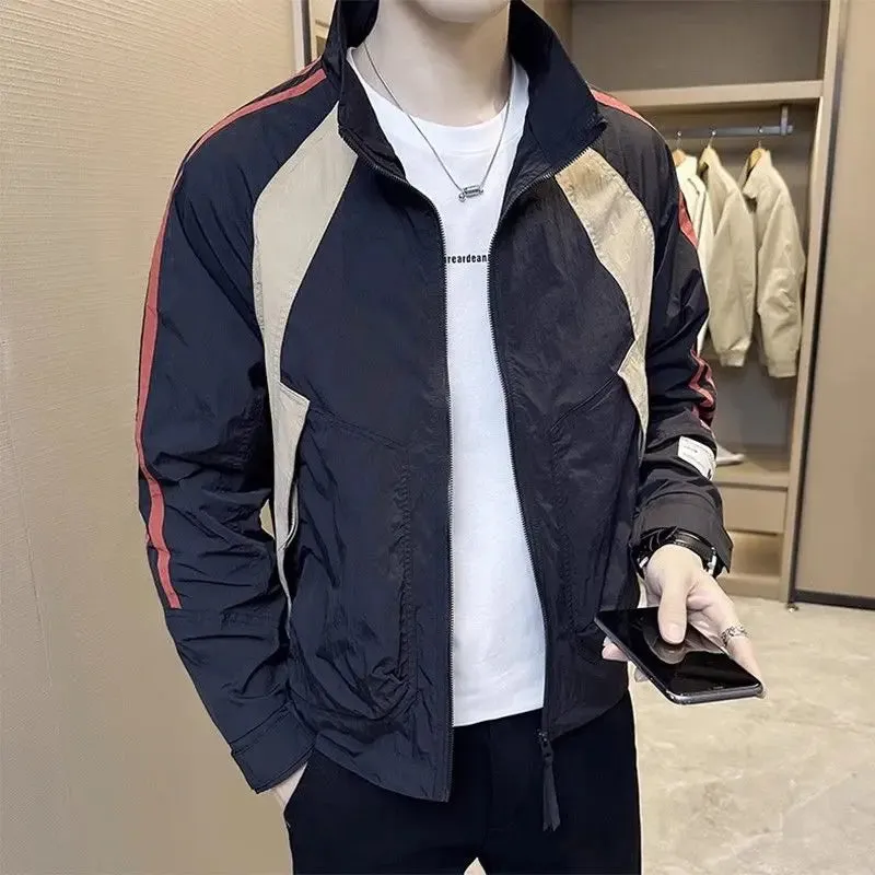 Bonsir Zip V Contrasting Colors Man Coat Splicing Spring Autumn Jacket for Men Deals Cold Trendy Cheap Offer Casual Y2k New In Clothes