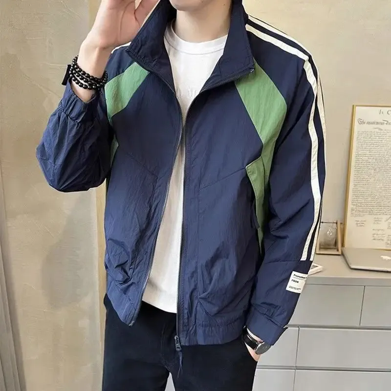 Bonsir Zip V Contrasting Colors Man Coat Splicing Spring Autumn Jacket for Men Deals Cold Trendy Cheap Offer Casual Y2k New In Clothes