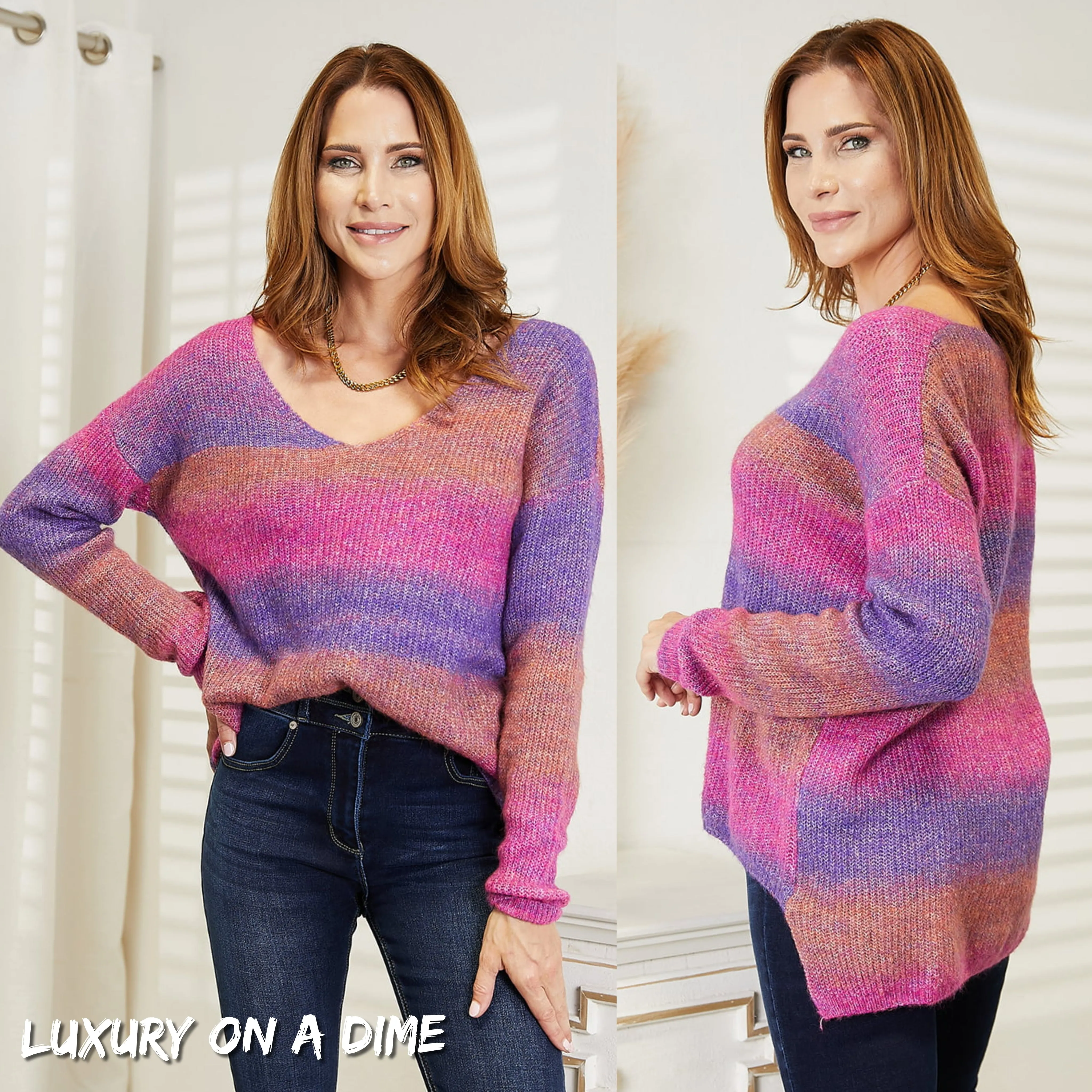 Bright Multicolor Ombre Ribbed Knit Pullover Oversized Split Hem Tunic Sweater Shirt