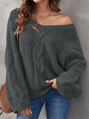 Bubblegum Gray V-Neck Knit Sweater with Braided Detail