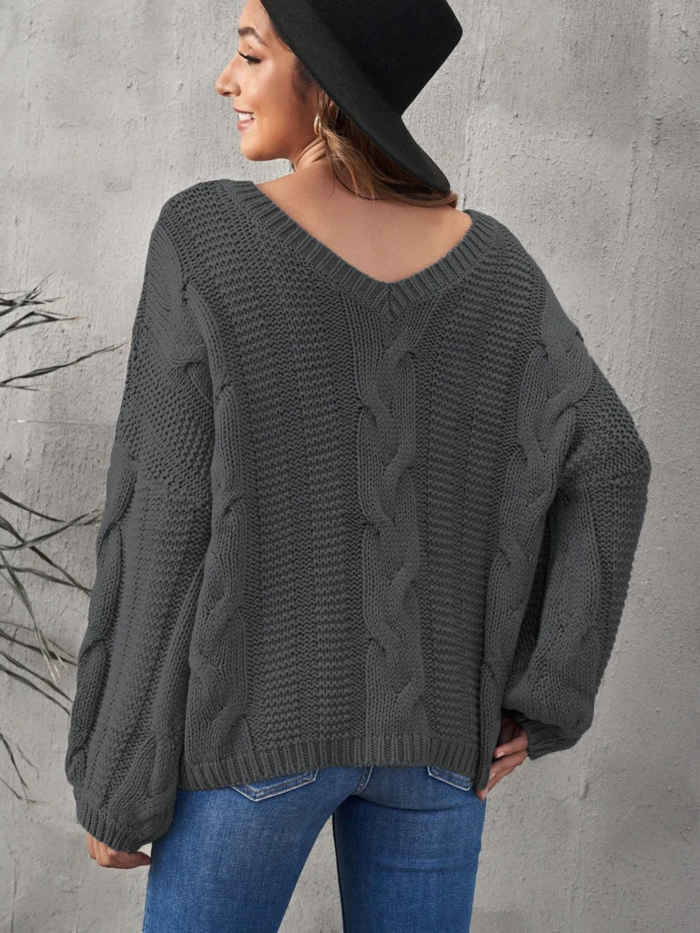 Bubblegum Gray V-Neck Knit Sweater with Braided Detail
