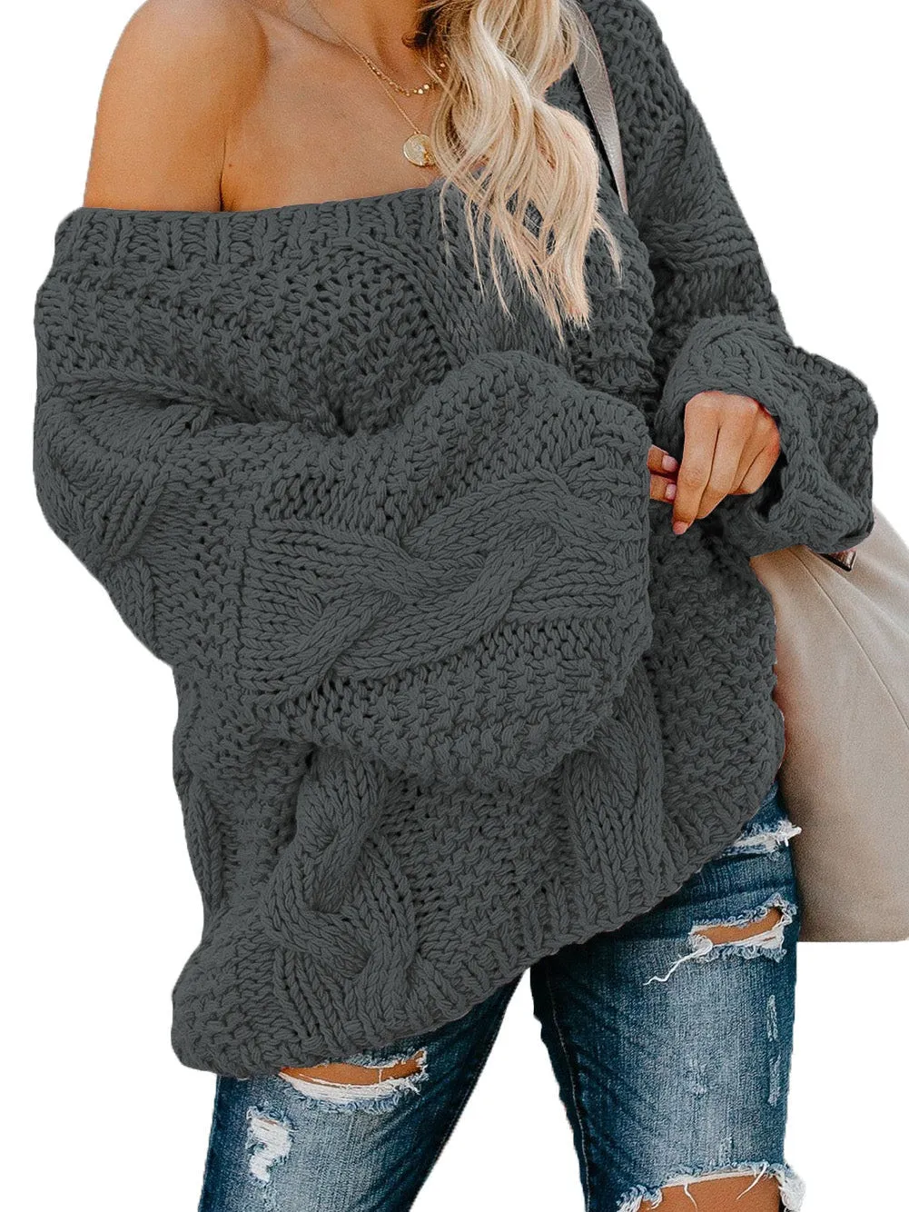 Bubblegum Gray V-Neck Knit Sweater with Braided Detail