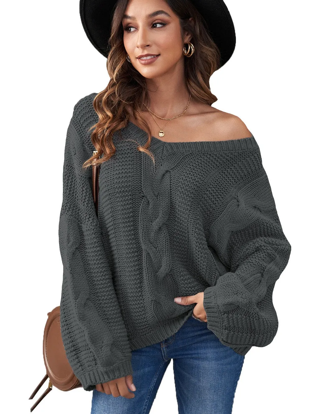 Bubblegum Gray V-Neck Knit Sweater with Braided Detail