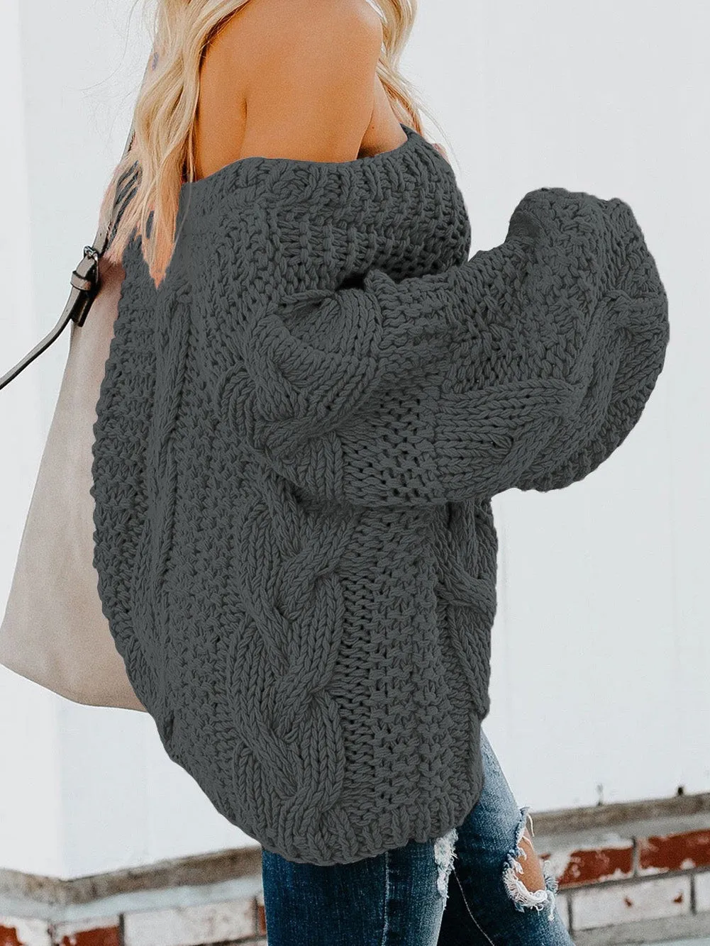 Bubblegum Gray V-Neck Knit Sweater with Braided Detail