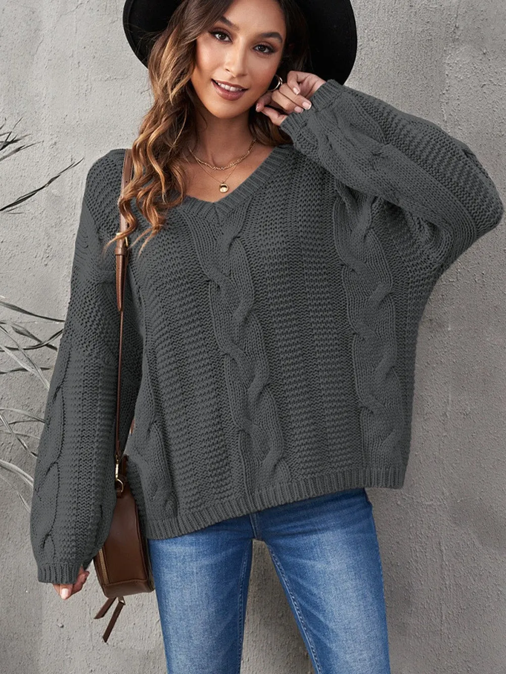 Bubblegum Gray V-Neck Knit Sweater with Braided Detail