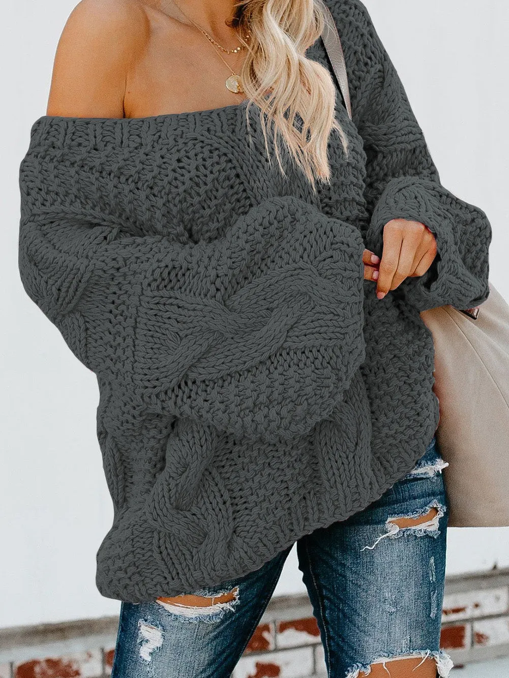 Bubblegum Gray V-Neck Knit Sweater with Braided Detail