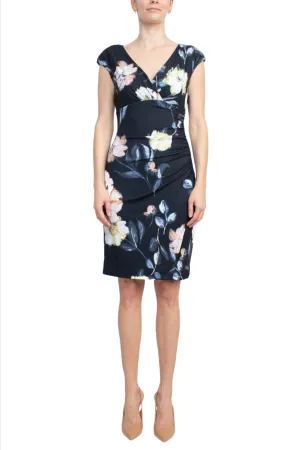 Catherine Malandrino V-Neck Gathered Side Cap Sleeve Floral Print Jersey Dress