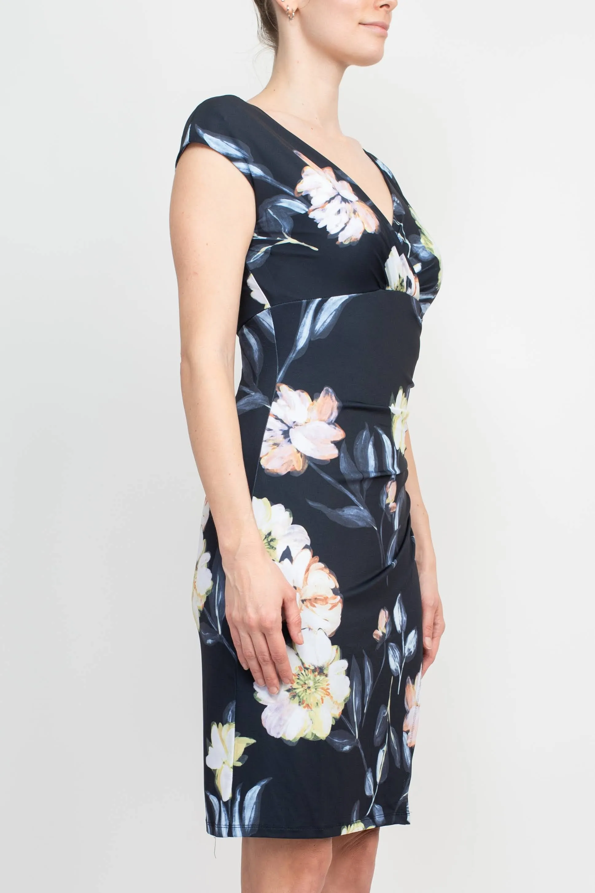 Catherine Malandrino V-Neck Gathered Side Cap Sleeve Floral Print Jersey Dress