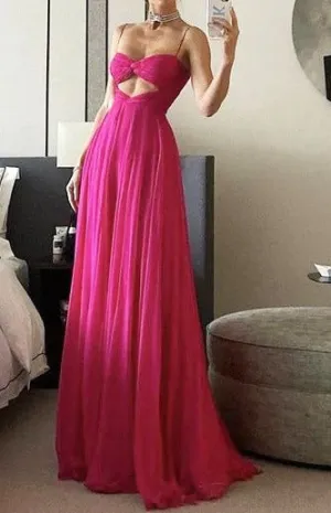 Chiffon Cut Out Sleeveless Prom Gown, A Line Spagetti Straps Long Evening Dress
