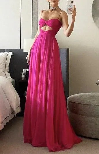 Chiffon Cut Out Sleeveless Prom Gown, A Line Spagetti Straps Long Evening Dress