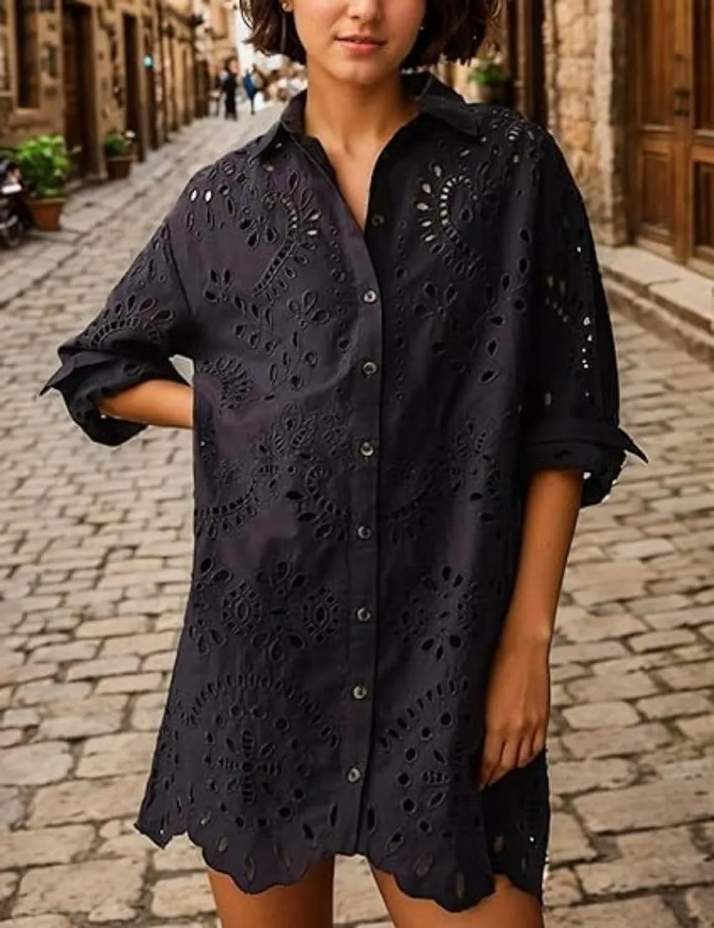 Chouyatou Women Eyelet Lace Dress Button Down Shirt Loose Fit Summer Casual Mini Dress