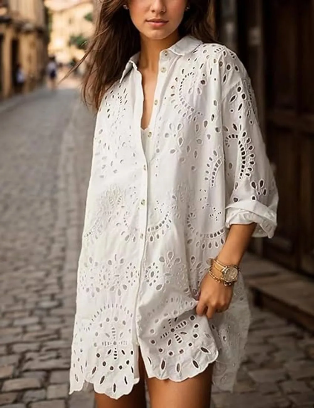 Chouyatou Women Eyelet Lace Dress Button Down Shirt Loose Fit Summer Casual Mini Dress