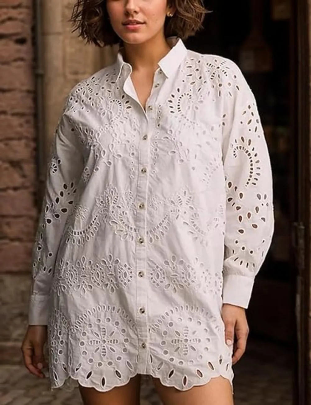 Chouyatou Women Eyelet Lace Dress Button Down Shirt Loose Fit Summer Casual Mini Dress