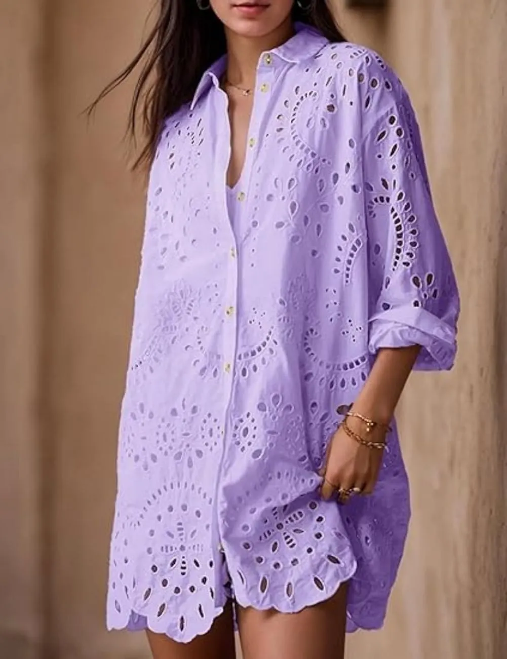 Chouyatou Women Eyelet Lace Dress Button Down Shirt Loose Fit Summer Casual Mini Dress